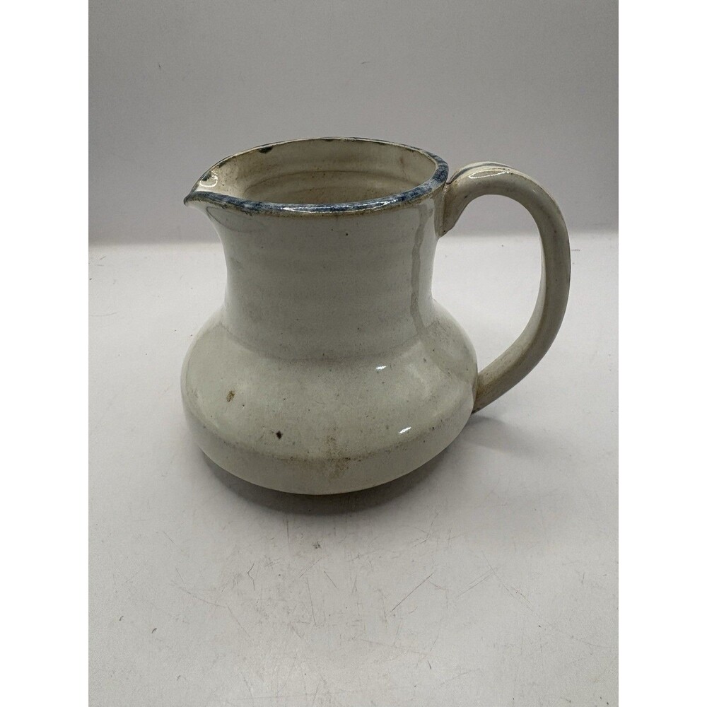 Vintage Studio Pottery Pitcher/ creamer 1986 Cream Glaze With Blue Trim 3.5” Sig